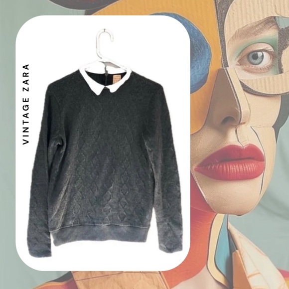 zara gray knit cable knit sweater with attached collar - Picture 2 of 8